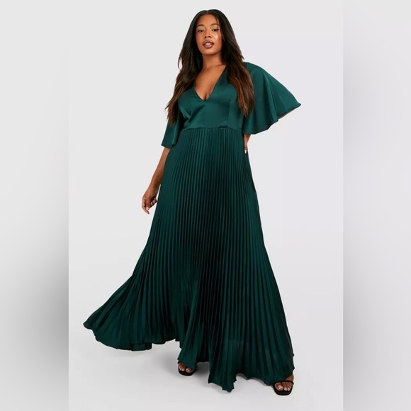 Satin pleated plunge gown occasion emerald maxi dress XL - Picture 2 of 7